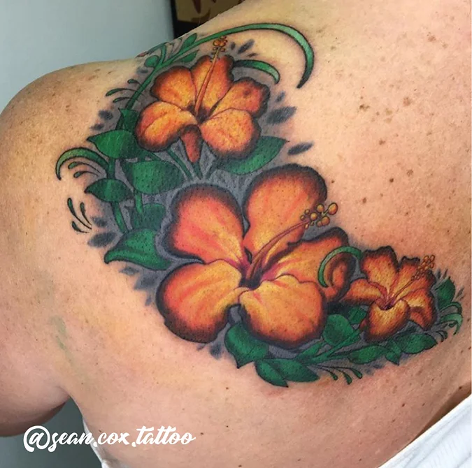Sean Cox Tattoo Cartoon Illustrative Color Tattoo New West 29 Hibiscus Shoulder Tattoo, Bold Colour, Sean Cox, Vancouver