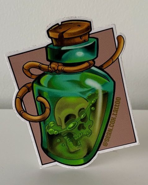 skull-bottle-sticker-tattoo-vancouver Skull-in-a-bottle sticker front view