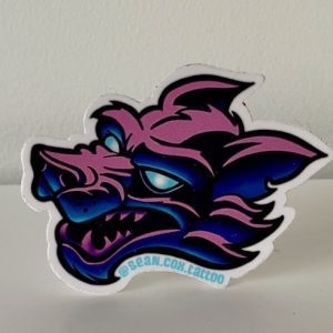 Pink and blue wolf head sticker front view