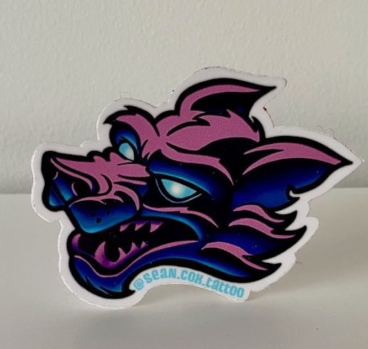 wolf-sticker-tattoo-vancouver Pink and blue wolf head sticker front view