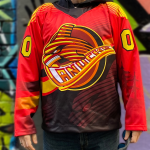 Front view of red spaghetti whale hockey jersey