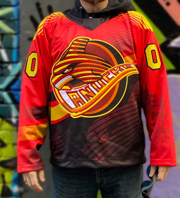 Front view of red spaghetti whale hockey jersey