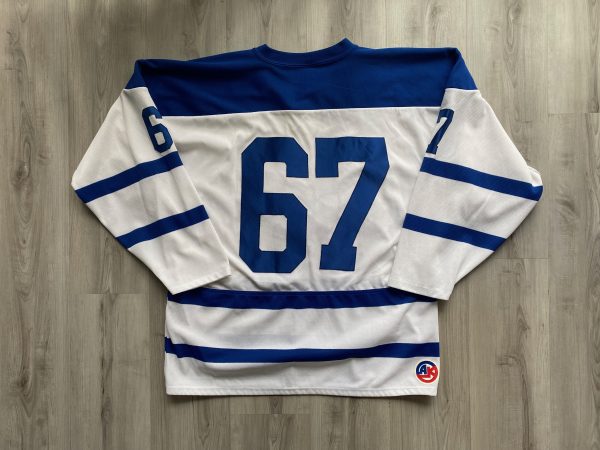 White and blue hockey jersey with “FAIL” maple leaf logo.