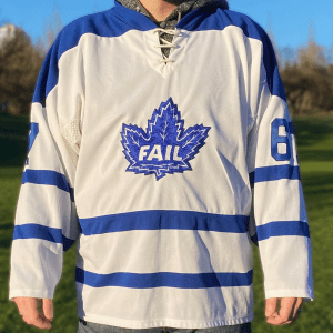 White and blue hockey jersey with “FAIL” maple leaf logo.