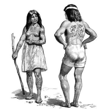 1886 illustration of a Haida couple with crest tattoos.