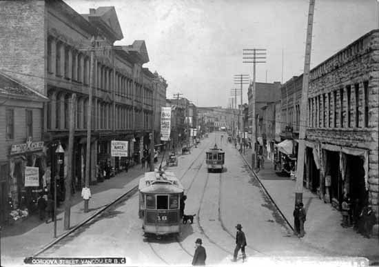 Historic Cordova Street, Vancouver, with streetcars, 1905.