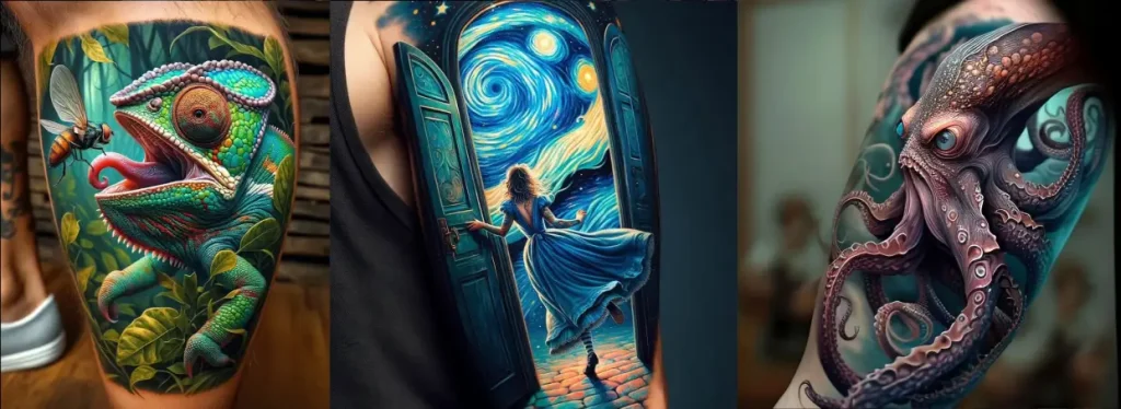 Unrealistic AI tattoo mockups with surreal details