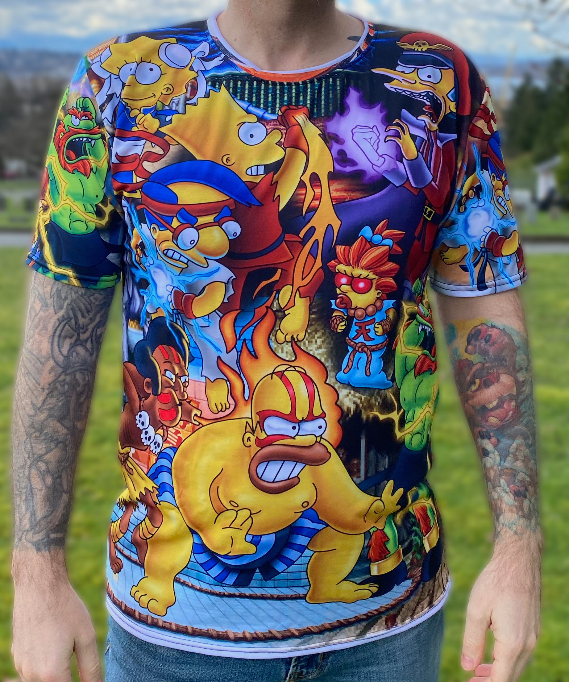 sean-cox-tattoo-vancouver-tshirts-street-fighter-simpsons-01 Front of Simpsons x Street Fighter all-over print tee