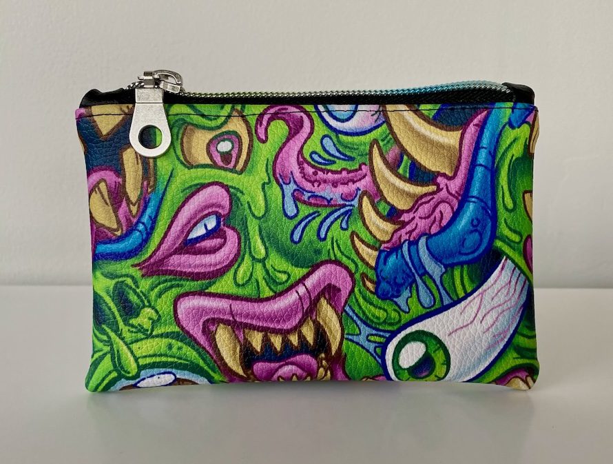 green-monster-stash-bag-tattoo-new-westminster Front view of green monster stash bag with bright artwork