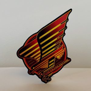 Red and yellow eagle sticker with spaghetti-stripe design