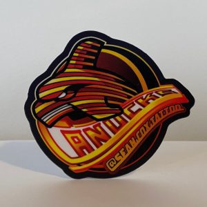 Red and yellow orca sticker with spaghetti-stripe design