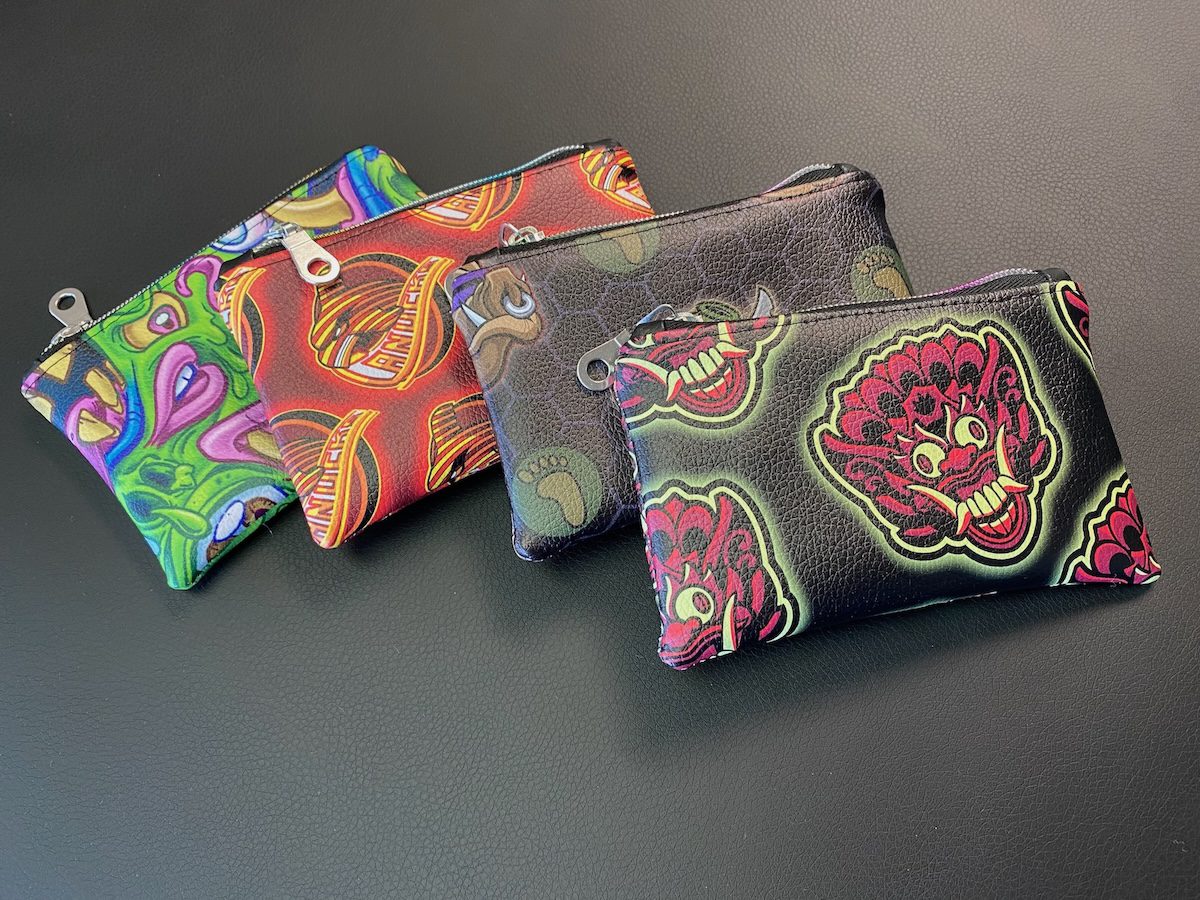 stash-bags-sean-cox-tattoo-new-westminster Four vegan-leather stash bags with bold Sean Cox designs.