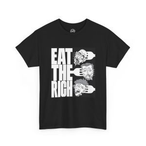 Eat the Rich t-shirt with three skewered billionaire faces