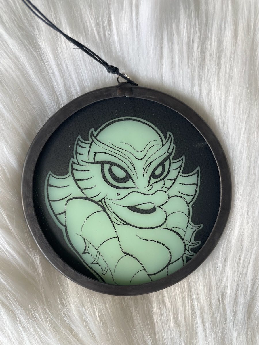 sean-cox-tattoo-glass-art-she-creature-1-front-fur She Creature From The Black Lagoon glass round on fur