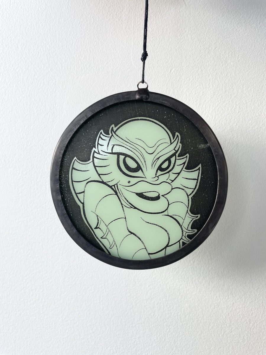 sean-cox-tattoo-glass-art-she-creature-1-front-wall She Creature From The Black Lagoon glass round on white wall