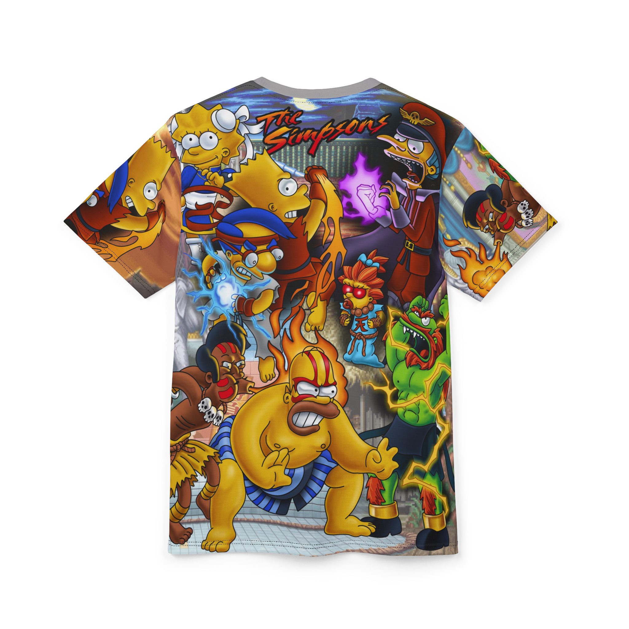 13581524414864138768_2048jpeg Vibrant Simpsons-themed shirt featuring Bart, Homer, and other characters in a chaotic cartoon scene with bold colors.