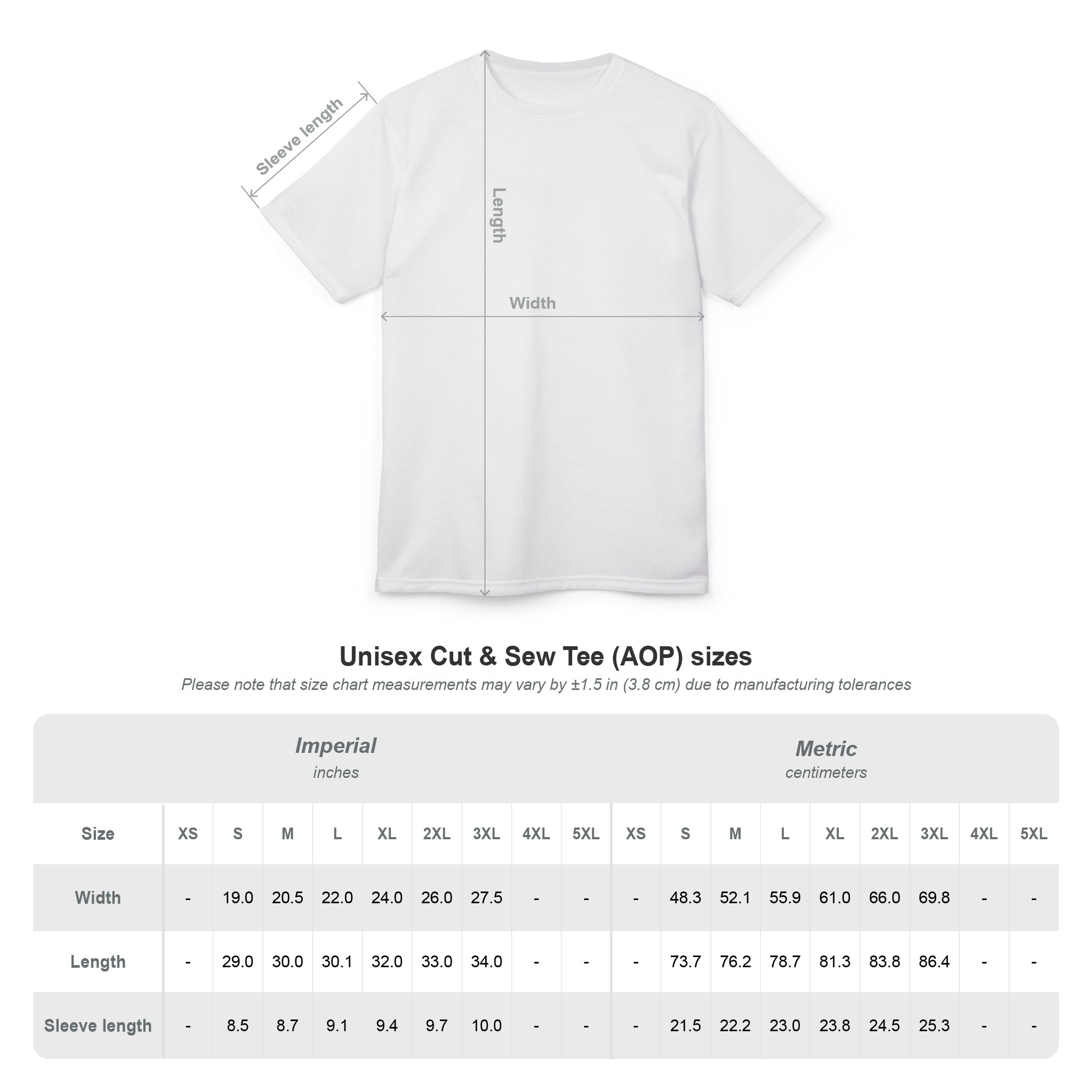 15343505414311229895_2048jpeg Size chart for Unisex Cut & Sew Tee (AO P): shows width, length, and sleeve length with imperial and metric units; row of sizes XS–5XL below a table of measurements.