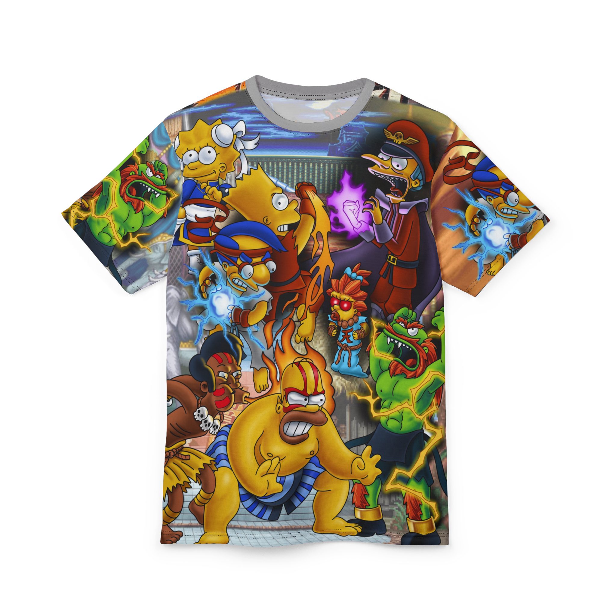 15770321551477745509_2048jpeg All-over graphic shirt showing a dense collage of colorful cartoon characters and monsters in a dynamic battle scene.
