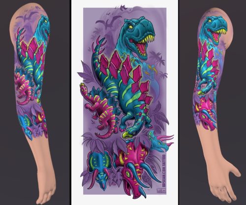 Neon Dino Tattoo Flash Sleeve Design New Westminster