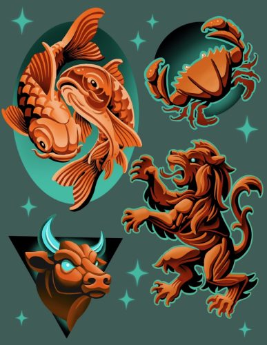 Zodiac Tattoo Flash Sheet Vancouver Pisces Leo Taurus Cancer