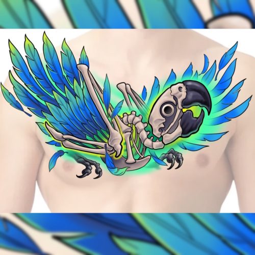 Skeleton Parrot Chest Tattoo Flash Vancouver BC