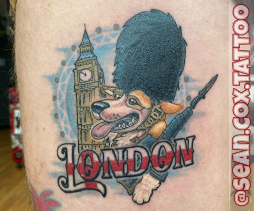 London Corgi Tattoo, Colour Cartoon, Sean Cox, Vancouver