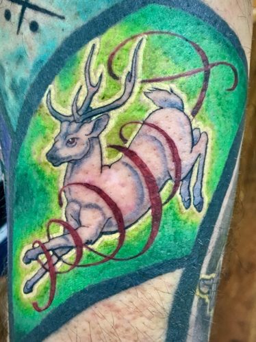 Illustrative colour deer tattoo, by Sean Cox, Vancouver