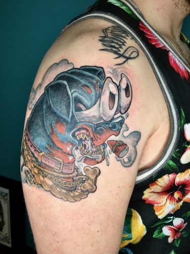 New School dog tattoo by Sean Cox Tattoo, New Westminster 