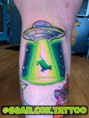 UFO Cow Abduction Tattoo, Colour Cartoon, Sean Cox, New West