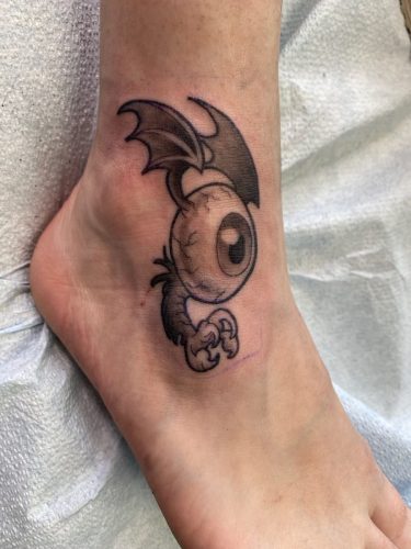 Flying Eyeball Tattoo, Black & Grey Cartoon, Vancouver