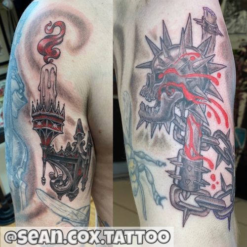 Spiked Skull Mace & Gothic Candle Tattoo, Sean Cox Vancouver