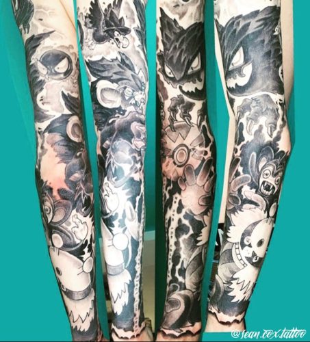 Black and grey Pokemon sleeve tattoo, Sean Cox, New West