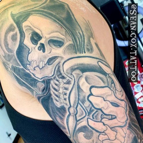 Reaper Shoulder Tattoo, Bold Black & Grey, Sean Cox New West