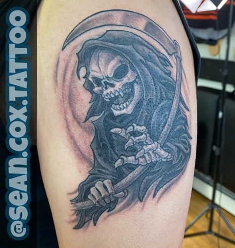 Black and Grey Grim Reaper tattoo in New Westminster BC