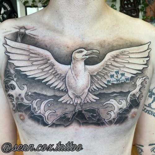 Black and Grey Seagull chest tattoo in New Westminster BC