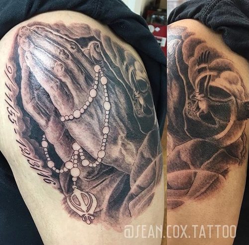 Black and Grey Sikh Praying Hands Memorial Tattoo, Vancouver