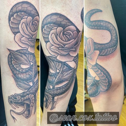 Snake & Rose Elbow Wrap Tattoo, Sean Cox, New Westminster