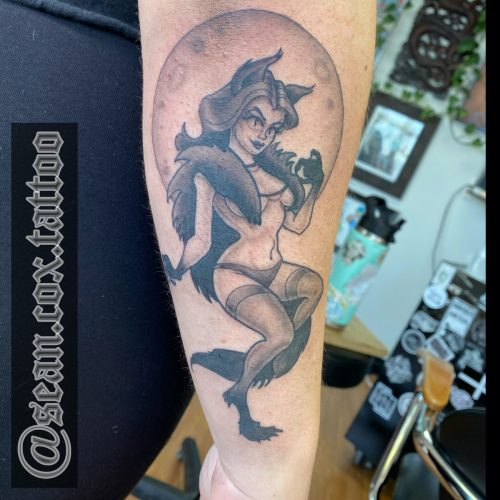 Black and grey werewolf pinup tattoo Port Coquitlam BC 