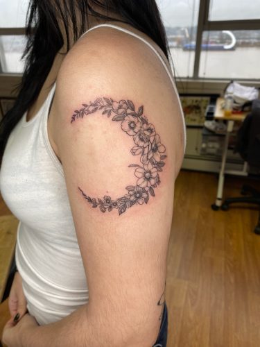 Fineline Floral Crescent Tattoo, Sean Cox, New Westminster