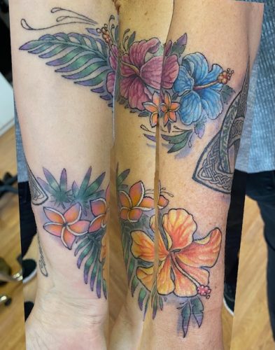 Hibiscus & Plumeria Colour Tattoo, Sean Cox, New Westminster