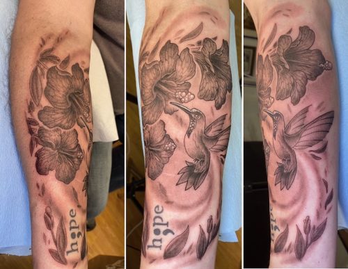 Hummingbird & Hibiscus Tattoo, Sean Cox, New Westminster