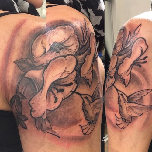 Hummingbird and Florals Shoulder Tattoo New Westminster