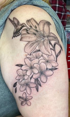 Lily & Plumeria Tattoo with Hummingbird, Sean Cox, New West