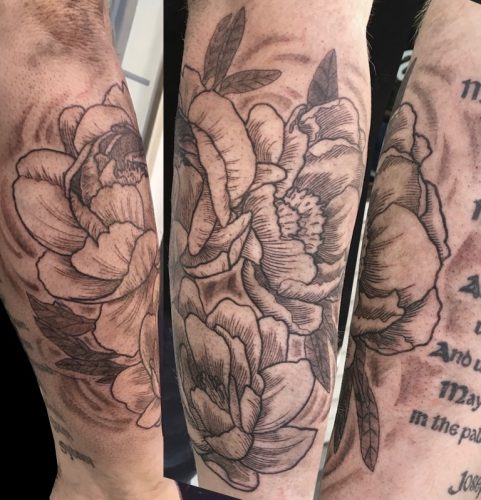 Etched Peony Floral Tattoo, Sean Cox, New Westminster