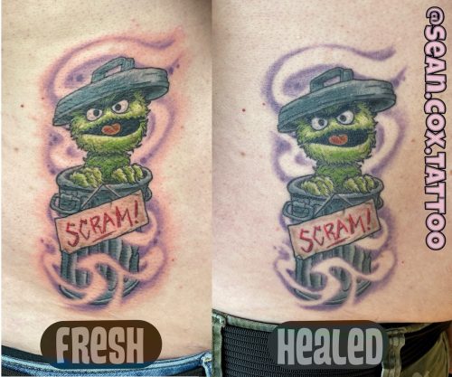 Oscar the Grouch Tattoo, Colour Cartoon, Sean Cox, Burnaby