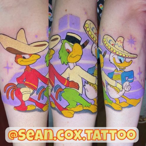 Three Caballeros Tattoo, Colour Cartoon, Sean Cox, Surrey