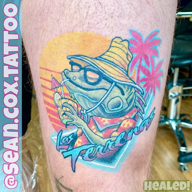 Vacation Mode IguanaTattoo, Bright colour Neo Traditional Style, by Sean Cox Tattoo, New Westminster