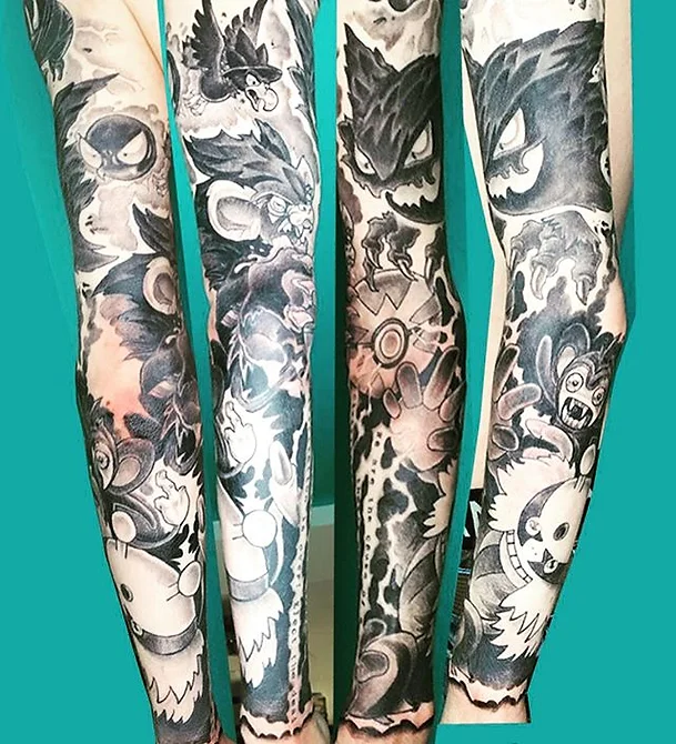 Black and grey Pokemon sleeve tattoo, Sean Cox, New West