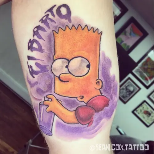 Color Cartoon Bart Simpson Inner Bicep Tattoo, Sean Cox, Burnaby