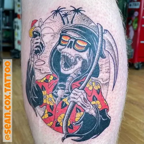 Funny Vacation Reaper Tattoo, Cartoon Style, Sean Cox, Vancouver